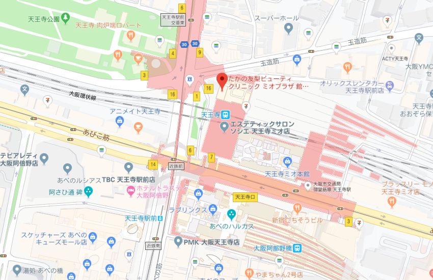 たかの友梨ミオプラザ館天王寺店地図